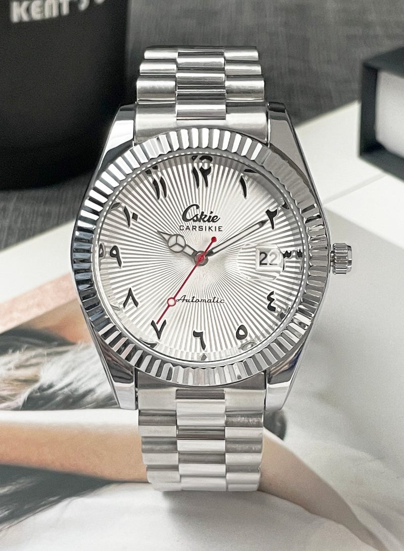 كارسيكي ساعة عربية رجالية فضية، تصميم ديت جست، ميناء بنقش شعاعي، إطار مخدد، عقارب مضيئة، مقاومة للماء 5ATM، سوار ستانلس ستيل، زجاج معدني، هدية لهواة الساعات العربية - Image 3